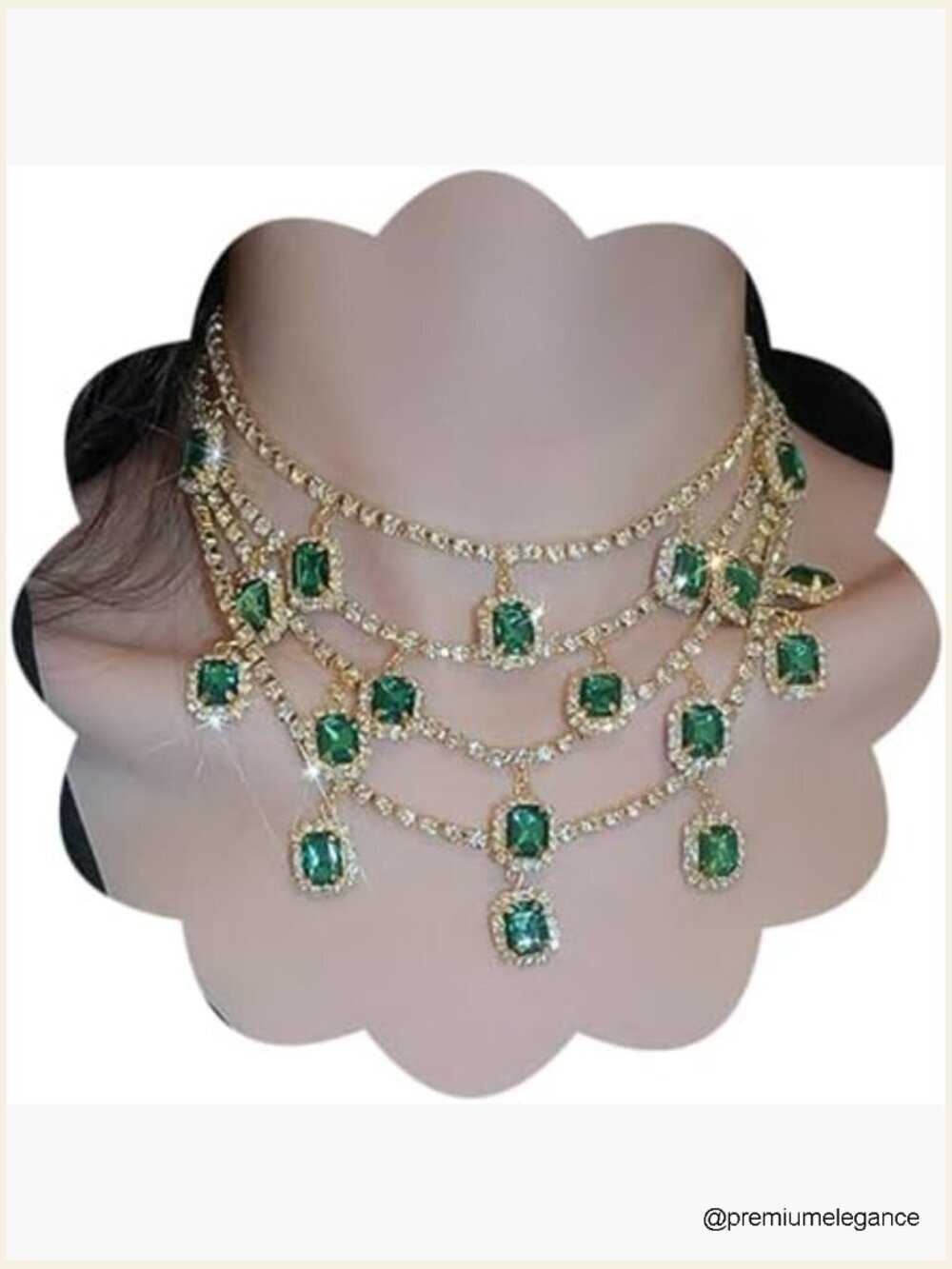 Boho Layered Green Crystal Necklace Gold Rhinestone Tennis Chain Choker Sparkly